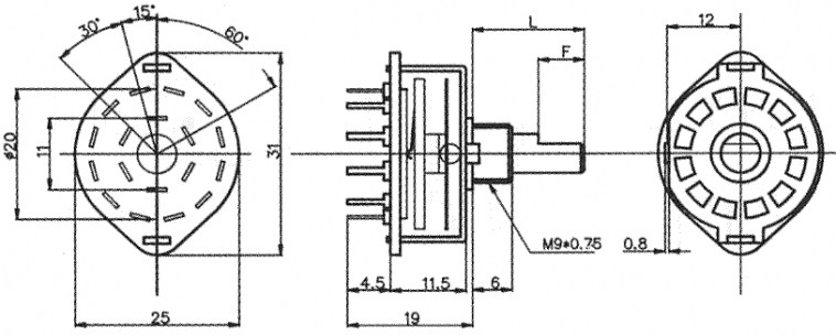 SR25-1-1-6 на плату галетный переключатель RUICHI даташит схема