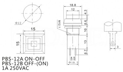 PBS-12B off-(on) красный переключатель кнопочный RUICHI даташит схема
